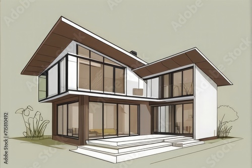 3D Architectural Model, sketch of modern cozy house Black line sketch on white background. House design, Interior Design, landscape Design Architecture Section.    © azait24
