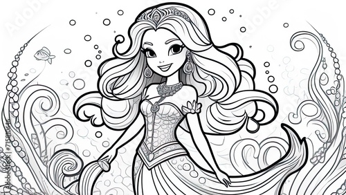 Beautiful mermaid coloring page under the sea. Little mermaid cartoon. Coloring book for kids page activity