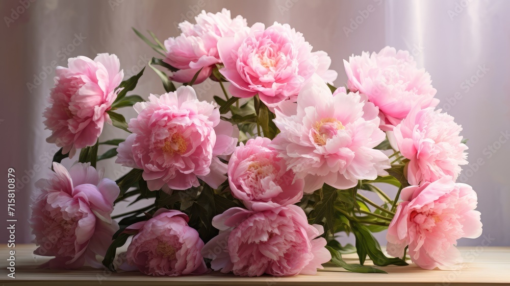A bouquet of pink peonies for congratulations on Mother's Day, Valentine's Day, Women's Day. Blurred background.