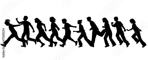 Vector silhouettes of  men, women, teenagers, a group of runnning   business people, profile, black color isolated on white background