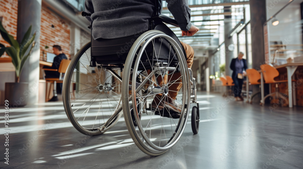close-up of a person in a wheelchair in an office environment close-up of a person in a wheelchair in an office environment