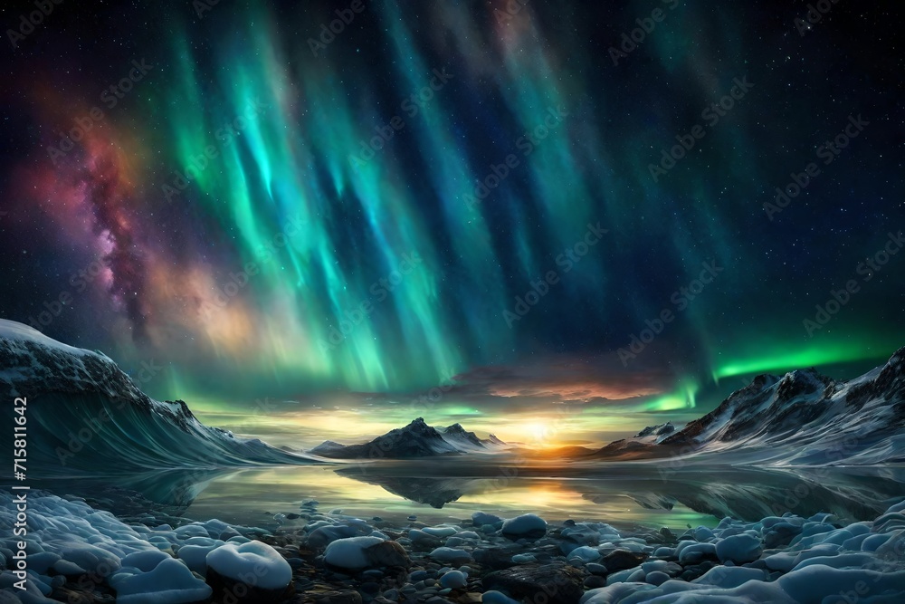 Naklejka premium Abstract auroras shimmering in a cosmic sea