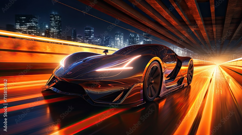 The vision of a futuristic vehicle navigating the neon-soaked roads of a cyber city during the nighttime.