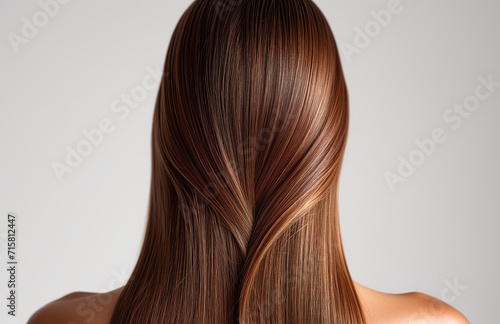 woman with sleek chestnut brown straight hair, against a clean white background, hair products and hair styles