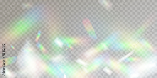 Colourful vector lens, crystal rainbow light and flare transparent effects.Overlay for backgrounds.Triangular prism concept.