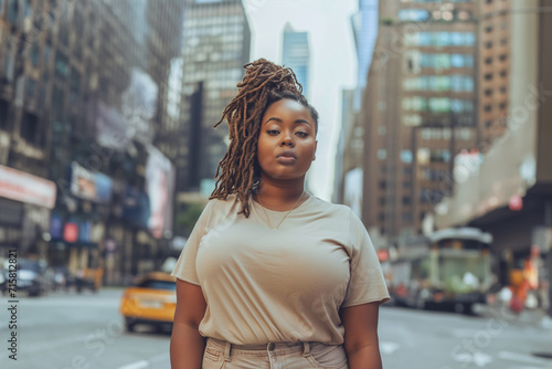 Curvy African American female model with dreadlocks - beige t-shirt mockup - blurred urban city background