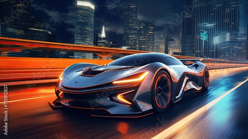 A sleek  advanced car gliding through the luminous streets of a cyber city  aglow with neon lights after dark.