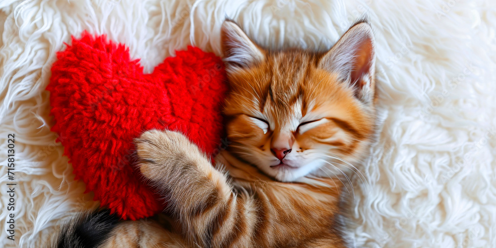 Cute Kitten sleeps on a soft red pillow in the shape of a heart. Love concept, Valentine's day. Place for text Cute Kitten sleeps on a soft red pillow in the shape of a heart. Love concept, Valentine's day. Place for text