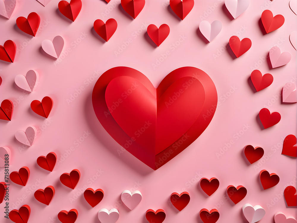 Hearts in Harmony: Romantic Paper-Cut Concept on a Pastel Pink Table. generative AI Hearts in Harmony: Romantic Paper-Cut Concept on a Pastel Pink Table. generative AI