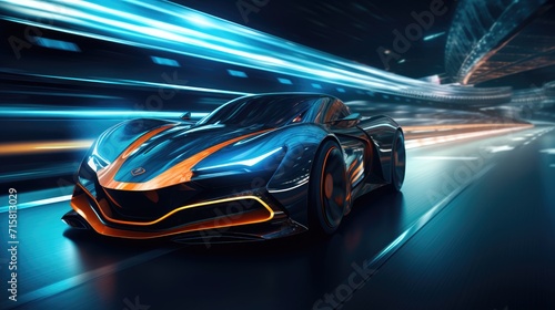 A sleek, advanced car gliding through the luminous streets of a cyber city, aglow with neon lights after dark.