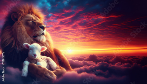 Most vibrant sky sunset with fiery tones. a lion and a lamb living in harmony. Large imposing powerful lion king representing the lion of Judah. The white lamb living in harmony with a large lion. 