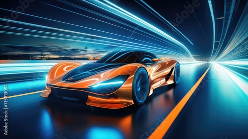 A sleek, advanced car gliding through the luminous streets of a cyber city, aglow with neon lights after dark. © Murda