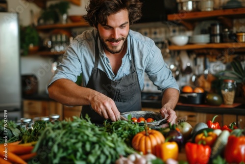 Man with vegetables at dining table preparing meal at home