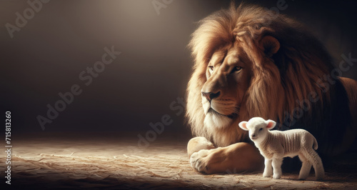 Religious concept. a lion and a lamb living in harmony. Large imposing powerful lion king representing the lion of Judah. The white lamb living in harmony with a large lion.  photo