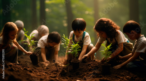 Children actively participate in planting young trees in forest, caring for environment. Sunlight shines through the trees, emphasizing importance of environmental education. Preserving environment