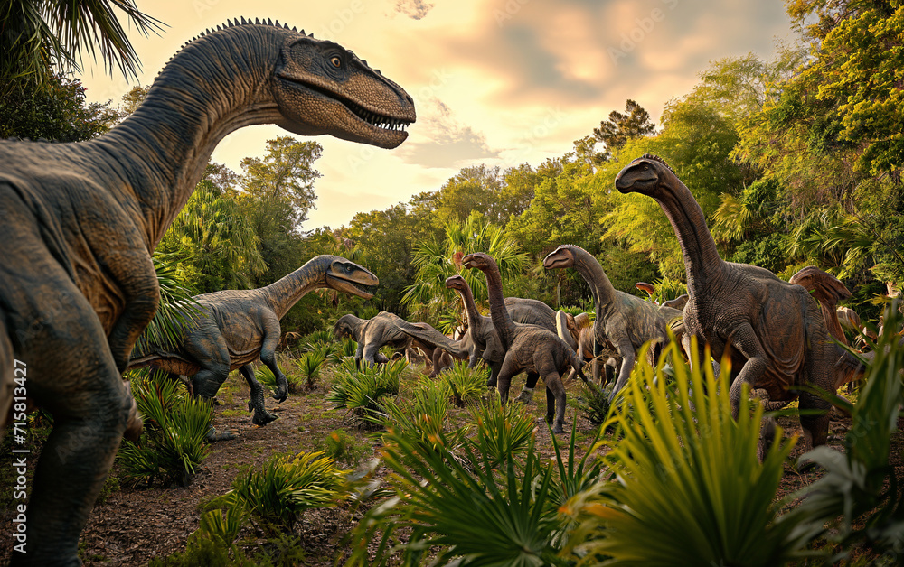 Fototapeta premium Jurassic world .herd of various dinosaur. Generative AI