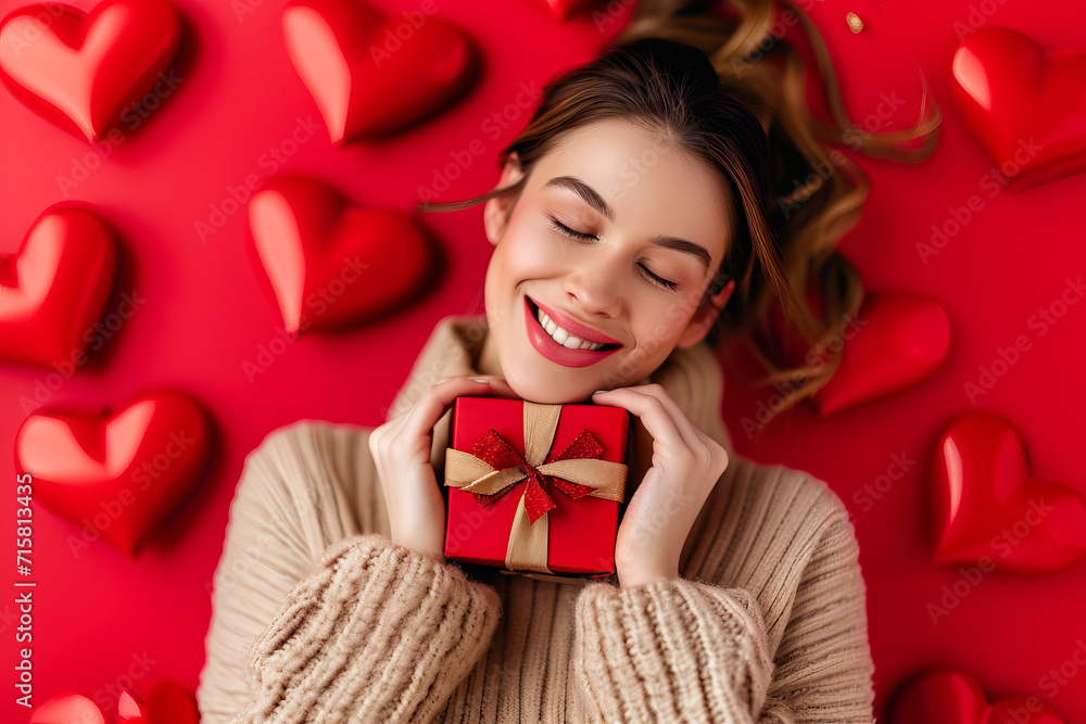 Young happy woman holds in her hands a gift in a red package on a red background with confetti hearts. Valentine's day, anniversary, wedding celebration concept. Young happy woman holds in her hands a gift in a red package on a red background with confetti hearts. Valentine's day, anniversary, wedding celebration concept.
