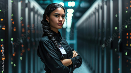 Confident young woman standing in a data center with racks of network servers and glowing lights in the background