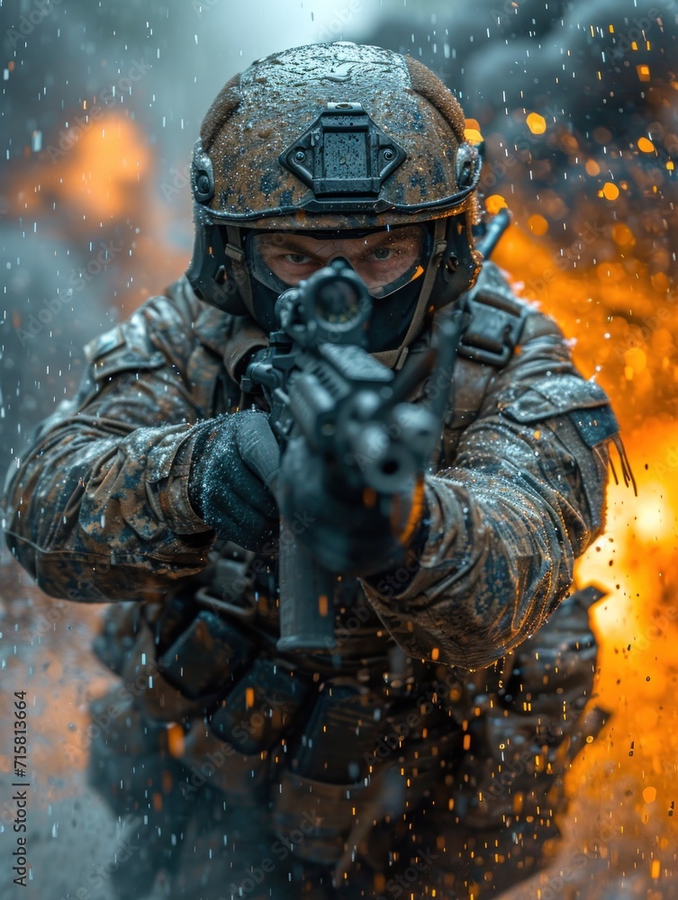 Fototapeta premium Soldier With Gun in Front of Fire