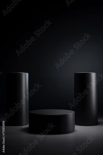 Three black cylindrical podiums with dark modern minimalist design on black background
