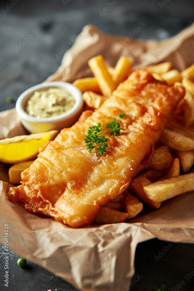 Delicious fried fish and chips meal  - obrazy, fototapety, plakaty 