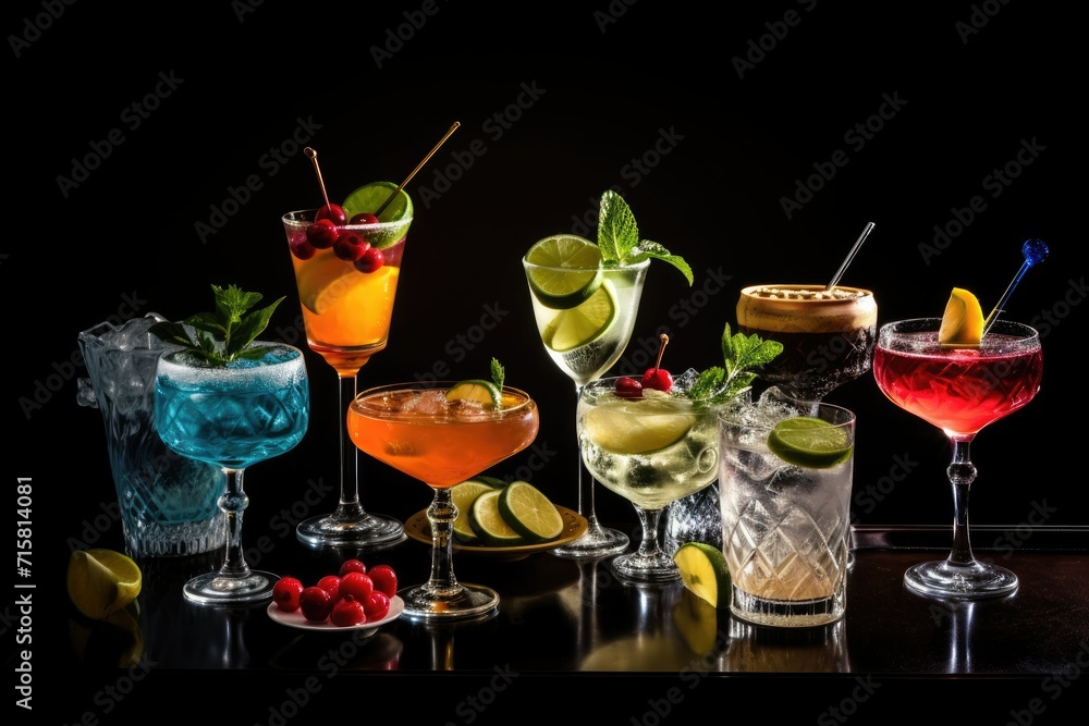 different colored cocktails in glasses on a table, Decoration of different cocktail in different Glasses Ai generated different colored cocktails in glasses on a table, Decoration of different cocktail in different Glasses Ai generated