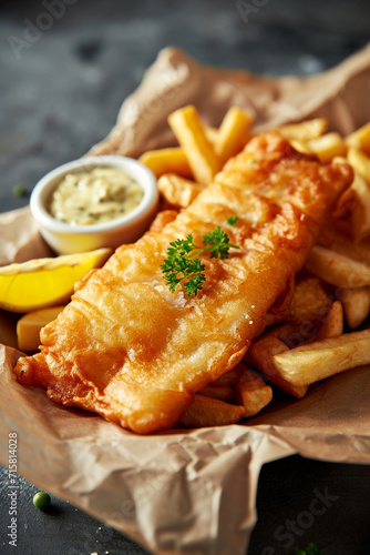 Delicious fried fish and chips meal 