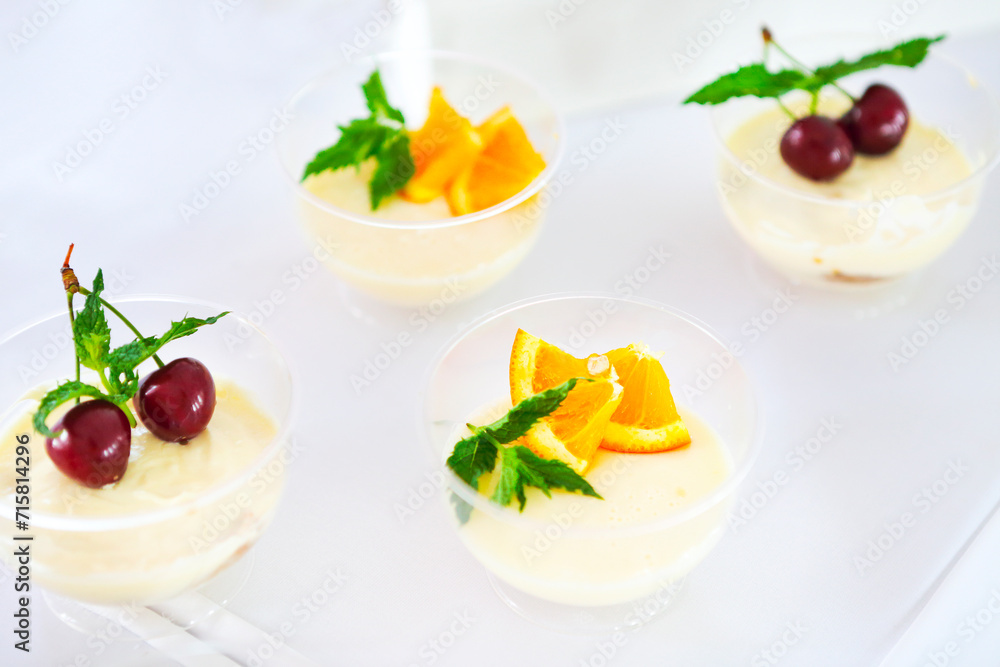 Candy bar with tiramisu, panna cotta and citrus. Birthday party Candy bar with tiramisu, panna cotta and citrus. Birthday party