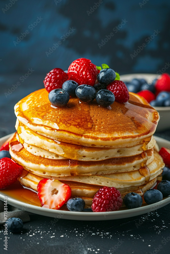 Delicious fluffy pancakes topped with fruit maple syrup hero shot Delicious fluffy pancakes topped with fruit maple syrup hero shot