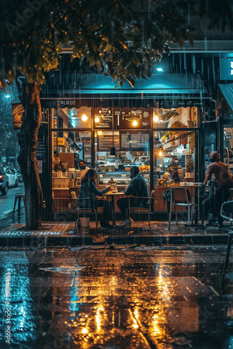 Cozy cafe in the city at night, raining 