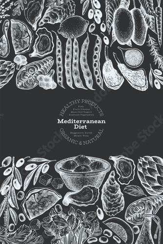 Mediterranean Cuisine Design Template. Vector Hand Drawn Healthy Food Banner. Vintage Style Menu Chalk Board Illustration.