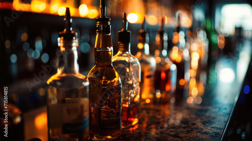 Whiskey bottles on a bar counter with a backdrop of various blurred bottles on illuminated shelves.