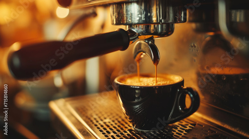 Close-up of an espresso machine brewing fresh coffee into a cup.
