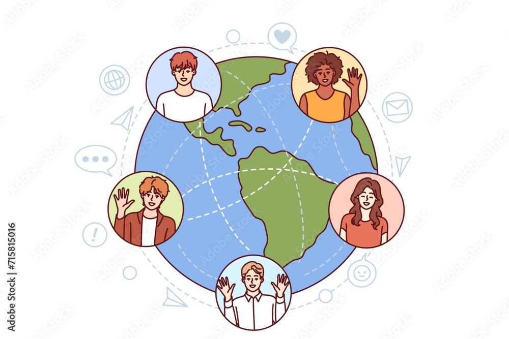 Naklejka premium International group of students studying and communicating via internet around globe. Guys and girls online college students learn global competencies on international platform for gaining knowledge