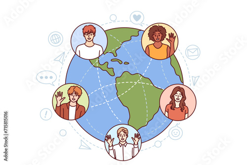 International group of students studying and communicating via internet around globe. Guys and girls online college students learn global competencies on international platform for gaining knowledge