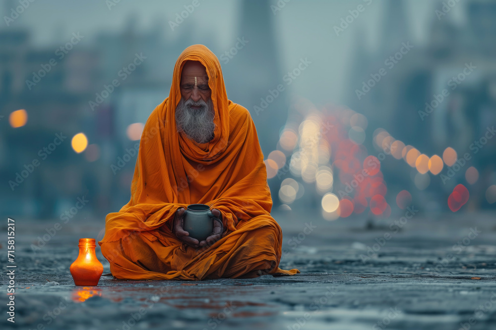 ascet sadhu sits in lotus position on the street at dusk with a begging mug - obrazy, fototapety, plakaty 
