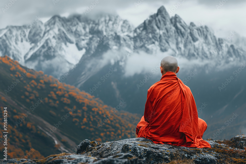 Buddhist monk meditate while sitting on the rock in the mountains Buddhist monk meditate while sitting on the rock in the mountains