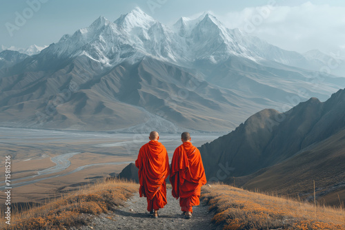 two Buddhist monks against the backdrop of mountains photo