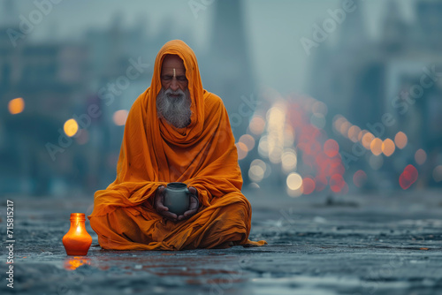ascet sadhu sits in lotus position on the street at dusk with a begging mug photo