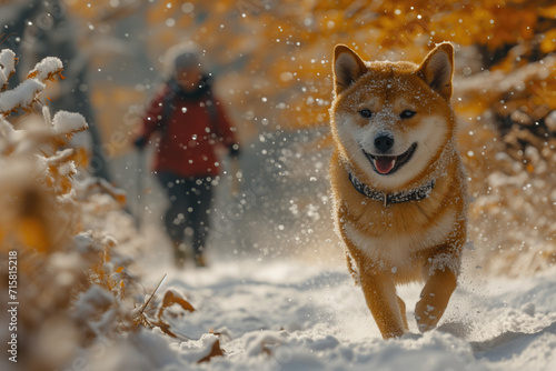 Shiba Inu dog runs with a skier on a walk © Evgeny