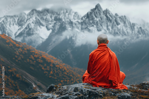 Buddhist monk meditate while sitting on the rock in the mountains