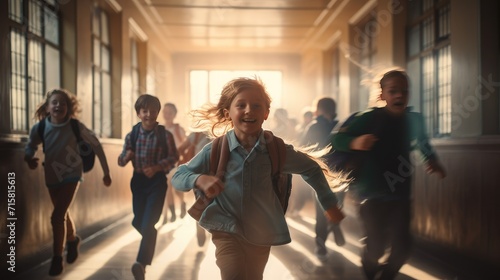 Back to school concept, students running at corridor to classroom at morning with soft sunlight, photo with copy space for texts photo