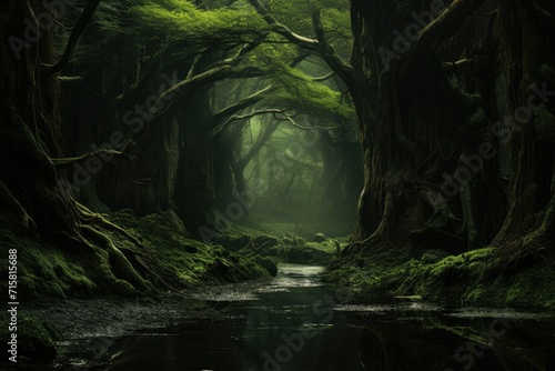 Realistic deep forest ,Deep Forest Fantasy Backdrop Concept Art Realistic Illustration Background Ai generated © Tanu
