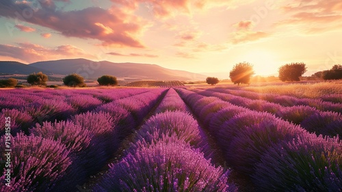 Beautiful bright lavender fields at sunset. Created with Generative Ai technology.