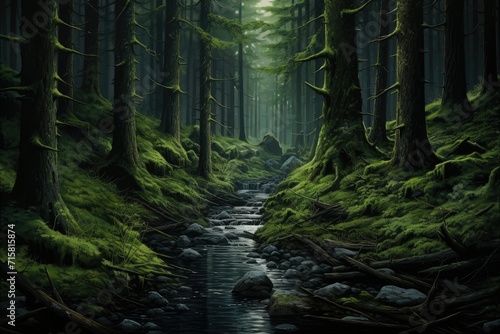 Realistic deep forest ,Deep Forest Fantasy Backdrop Concept Art Realistic Illustration Background Ai generated
