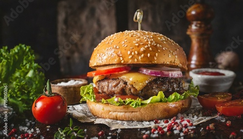 hamburger on black background Elevating Taste: Close-Up Bliss of Our Handcrafted, Juicy Delight"