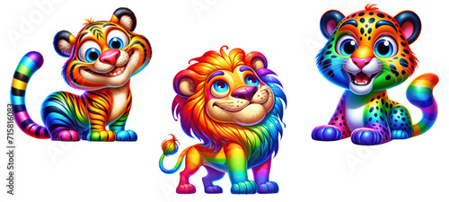 Funny rainbow animals. Tiger  lion  and leopard  isolated on transparent background.