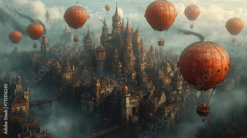 Fantasy Castle with Hot Air Balloons Generative AI