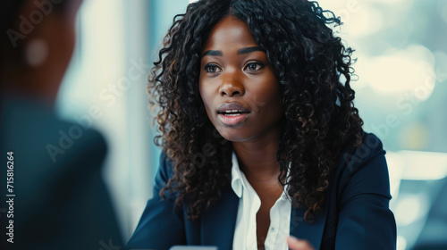 Professional woman engaged in conversation, looking intently, with a blurred background suggesting an indoor, office-like setting.