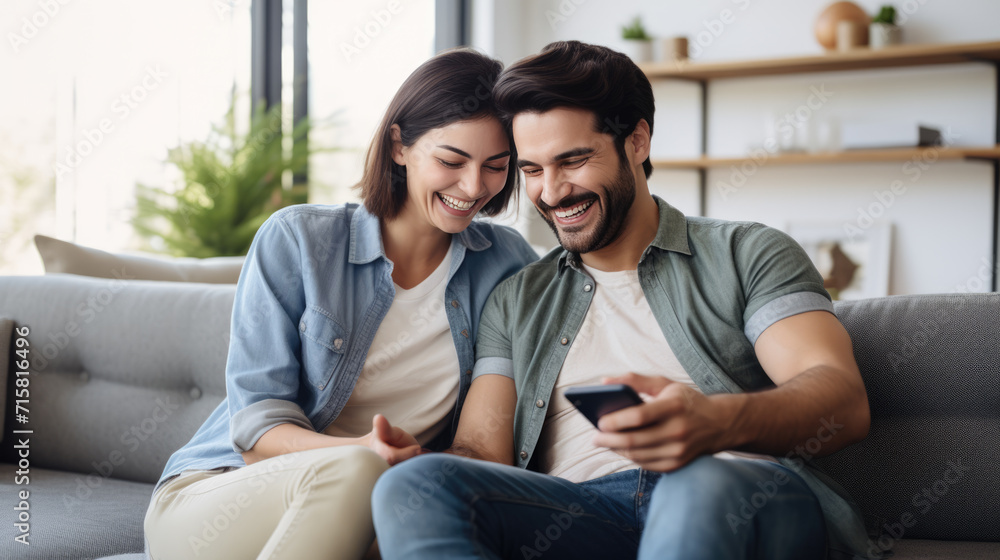 Smiling man and woman sitting closely together on a couch, looking at a tablet screen, in a moment of shared happiness and connection. Smiling man and woman sitting closely together on a couch, looking at a tablet screen, in a moment of shared happiness and connection.